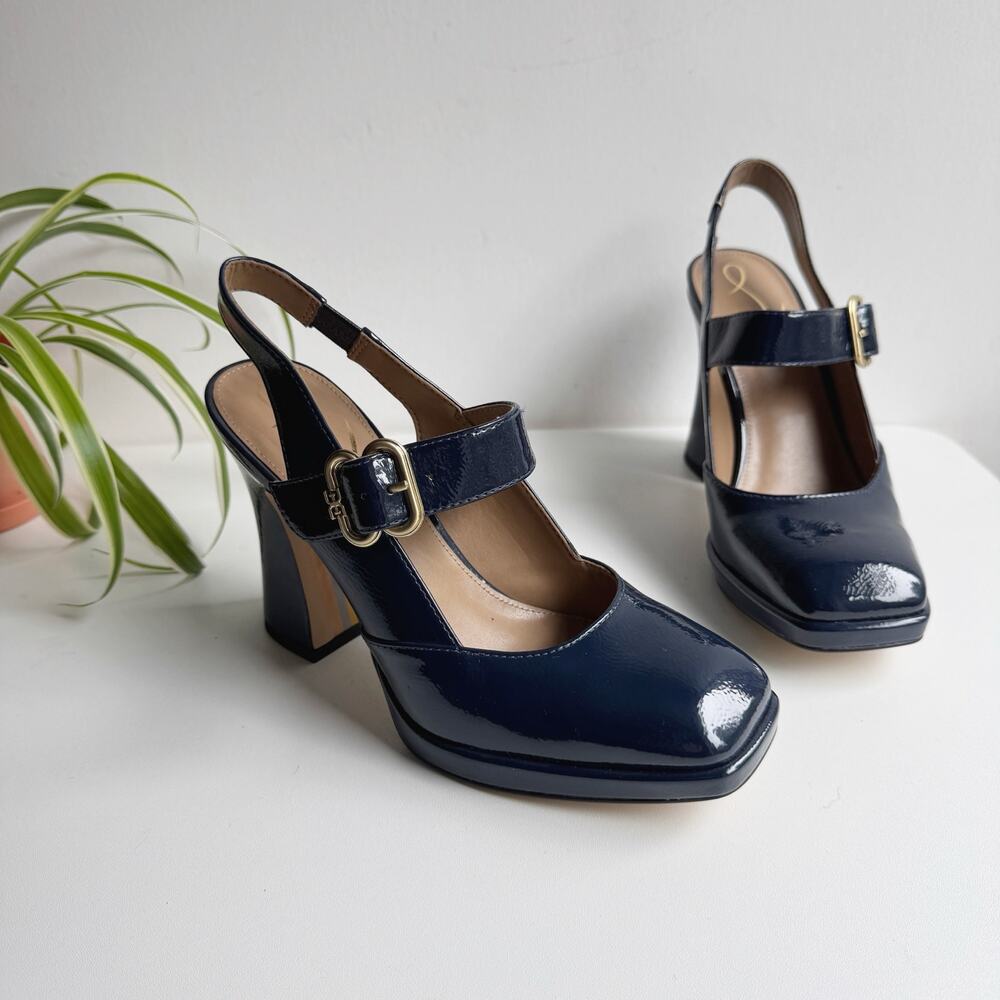 NWOT Sam Edelman Navy Blue Patent Jildie Mary-Jane Slingback Heels Size 7.5